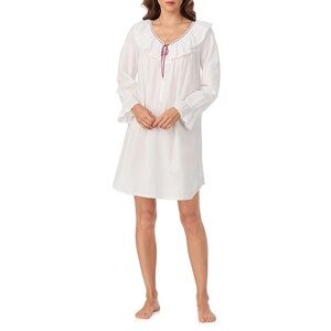 Eileen West Solid Woven Ruffled Ribbon V-Neck Long Sleeve Sleepshirt